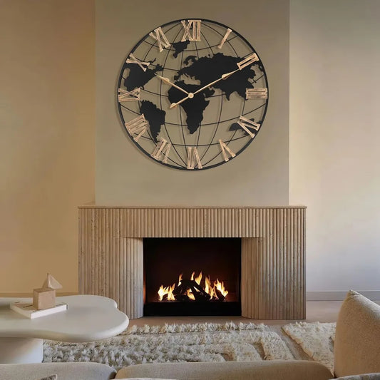 Large World Map Wall Clock – Silent Movement, Roman Numerals, Vintage Gold Design