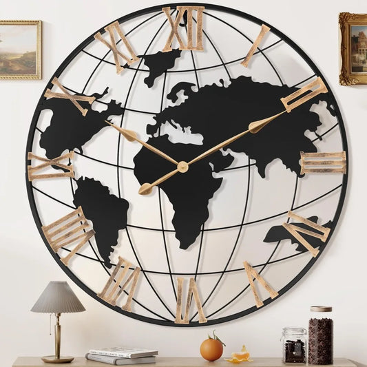 Large World Map Wall Clock – Silent Movement, Roman Numerals, Vintage Gold Design