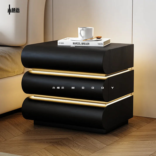 360° Rotating Smart Bedside Cabinet – LED & Leather Finish